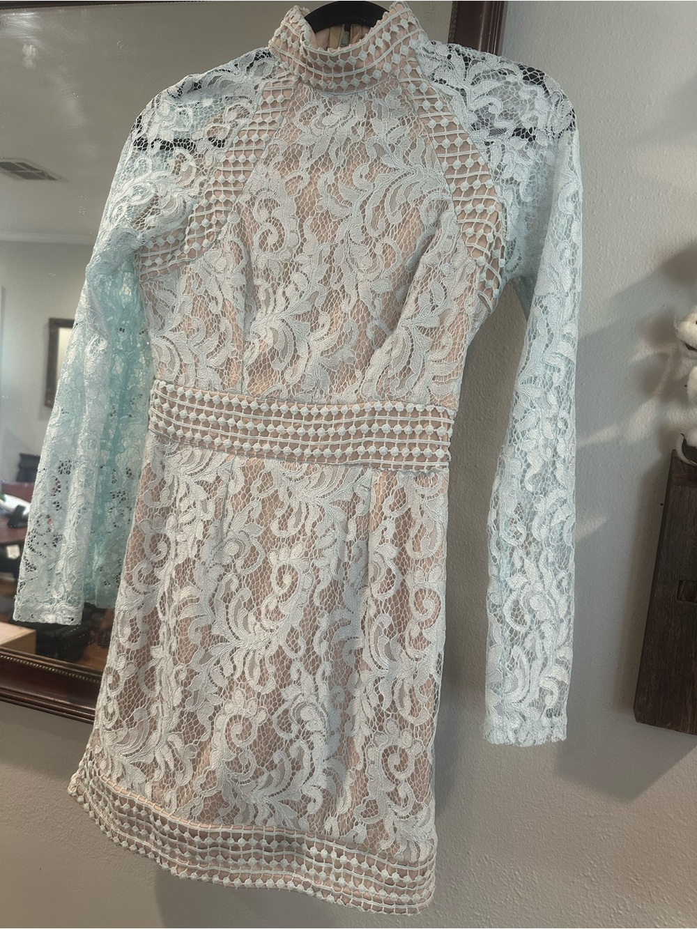 PrettyLittleThing White Lace High Neck Long Sleeve Mini Dress